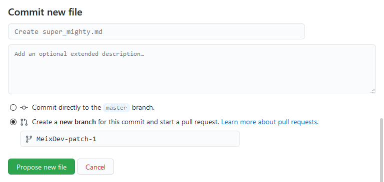 Commiting to a new branch and create a Pull Request